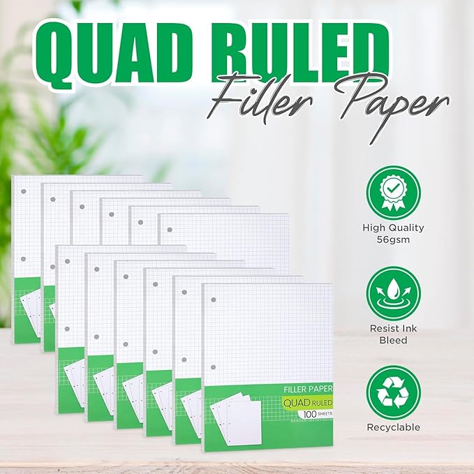 Graph Paper, Filler Paper Loose leaf Graph Paper - 8” x 10.5" - Graph Ruled, 4x4 Quad Ruled Notebook Paper, 3 Hole Punched Loose leaf Papers for 3 Ring Binders - 100 Sheets Pack (Bulk Buy - 48 Pack)