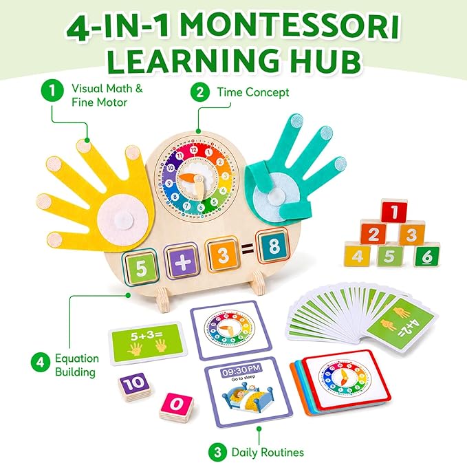 2-in-1 Math Manipulatives Number Counting Blocks Toys & Teaching Clock, Preschool Learning Activities for Toddlers 2-4, Educational Montessori Toys for 3 4 5 Year Old Boys Girls Birthday Gift
