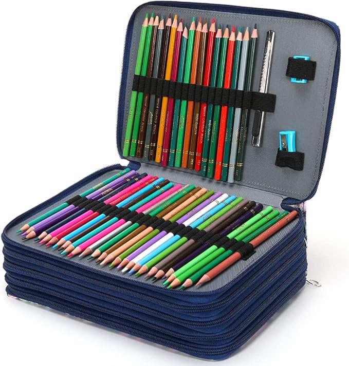 Vomgomfom 252 Slots Pencil Bag, 5-Layer Zipper Art Supply Organizer, PU Leather Portable Colored Pencil Case with Handle for 252 Watercolor Pens, Gel Pens (Blue Rose)