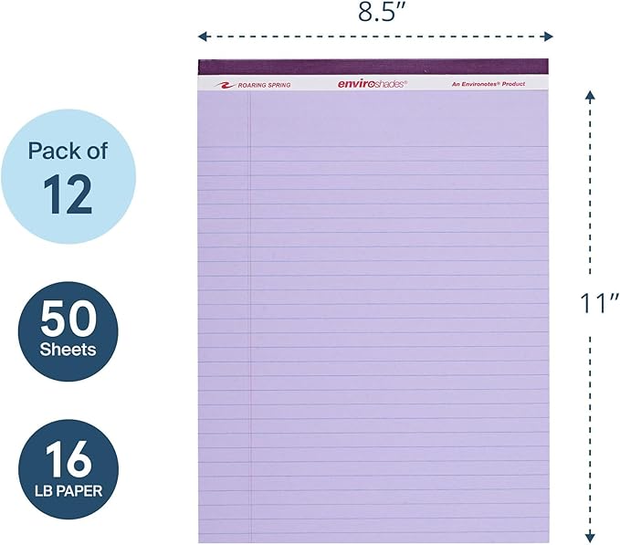 ROARING SPRING Enviroshades Orchid Legal Pads, 12 Pack, Legal Ruled Recycled Colored Writing Note Pads, 8.5" x 11", 50 Sheets, Perforated Paper, Made in USA, Memo Pad For School & Office