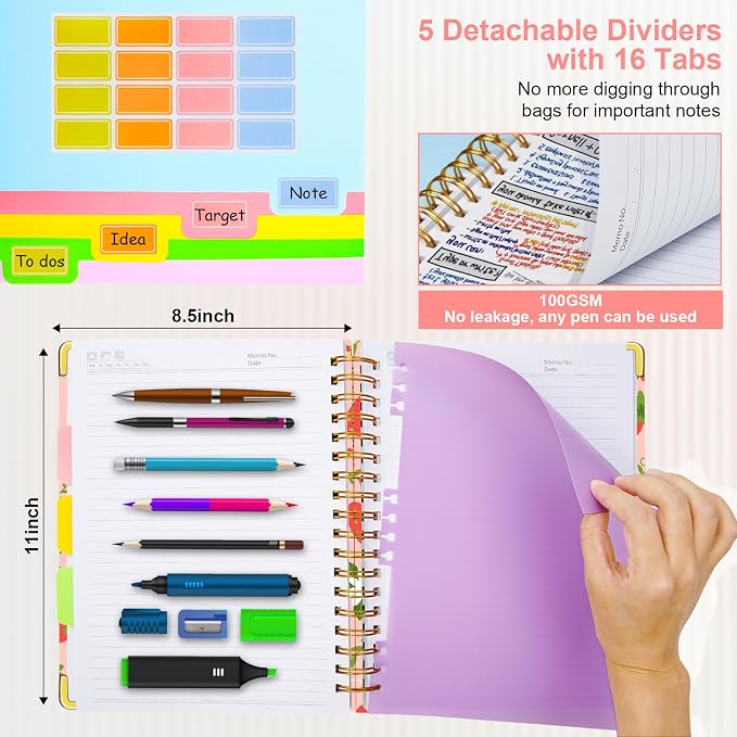 Spiral Journal Notebooks for Work, 300 Pages 5 Subject Notebook College Ruled with Dividers & Tabs, Notebook Journal for Women Students Note-Taking and Organizer (Pink Strawberry, 8.5''x 11'')