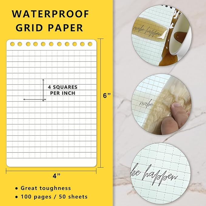 2PCS Weatherproof Top Spiral Notepads 4" x 6" Graph Pattern with Waterproof Paper and Hard Cover, All Weather Grid Notebooks A6 Steno Pads (Medium, Yellow)