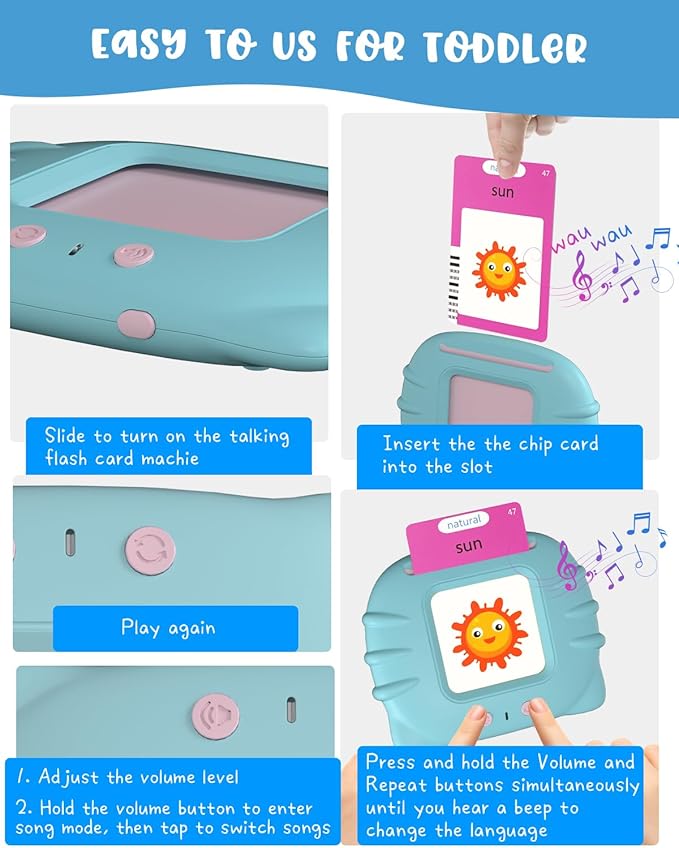 224 Words English Talking Flash Cards with Music, Montessori Educational Learning Kid Toddler Toys, Pocket Speech Therapy and Autism Easter Birthday Sensory Toys for Girls Boys