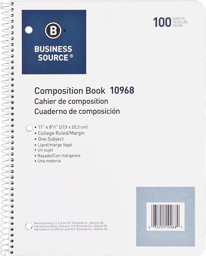 Business Source Wirebound College Ruled Notebooks - Letter, White, 100 Sheets