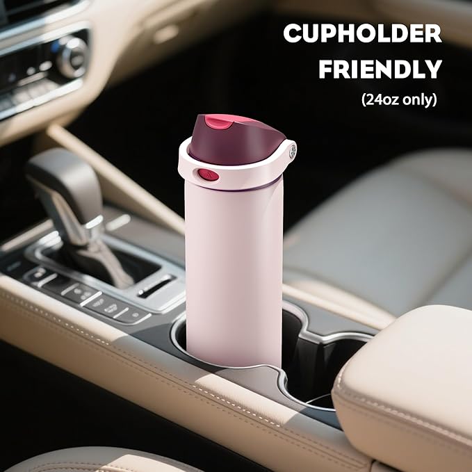 POWCAN 24 oz Stainless Steel Water Bottle: 2-in-1 Push-Button Spout & Quick-Flip Straw, Leakproof, Cold 24 Hrs, Fits Car Cup Holder, Insulated Bottle for Gym, School, Travel, Outdoor Gift (Plum Field)