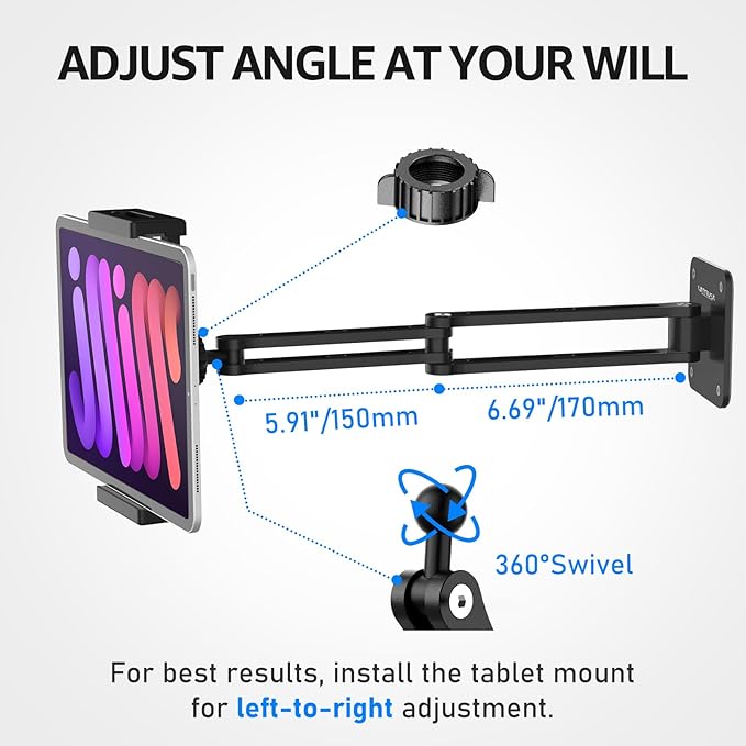 Urmust Adjustable Tablet Wall Mount, iPad Wall Mount Holder with 360° Swivel, Extendable Wall Holder for 4.7-13" Phones & Tablets, Long Arm Foldable Bracket for iPad Pro/Air/Mini,Galaxy Tab, Kindle