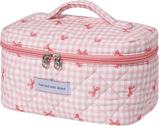 uekeboag Large Travel Quilted Makeup Bag for Women | Soft Floral Cotton Cosmetic Bag, Foldable Coquette Aesthetic Toiletry Organizer
