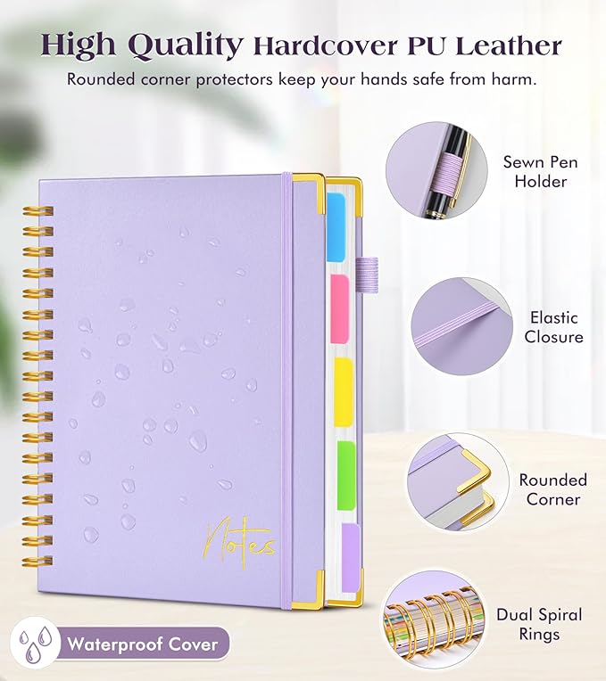 Spiral Notebook Journal with Removable Dividers Tabs, 300 Pages Hardcover Leather 5 Subject College Ruled Notebook, 6.1"x8.2" Large A5 Lined Journal for Women, Spiral Notebook for Work School, Purple