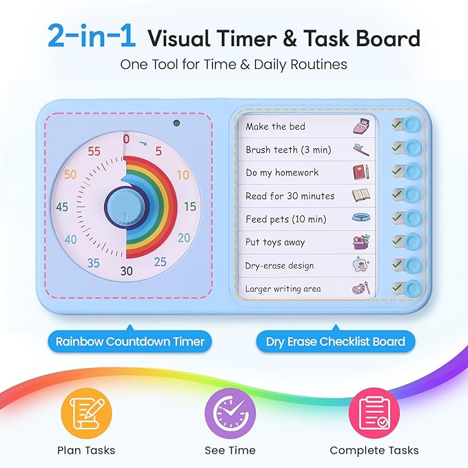 2-in-1 Visual Timer with Task Board for ADHD & Autism, Dry Erase Chore Chart and Visual Schedule for Kids & Adults, Rainbow Countdown Timer for Classroom, Home, Homeschooll (Blue)