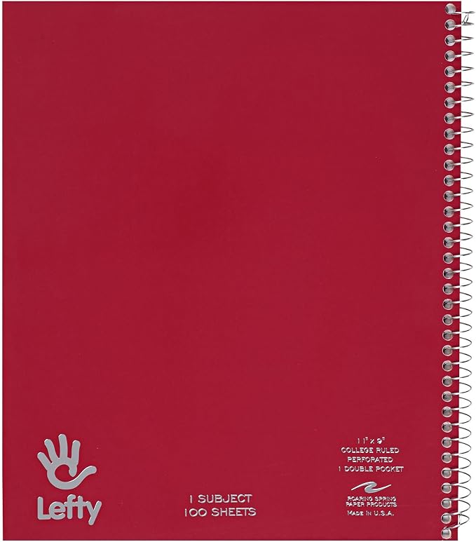 ROARING SPRING Lefty Spiral Notebook, Left-Handed One Subject Notebook, 11" x 9", 100 Sheets, College-Ruled, Perforated, Assorted Saranac Covers, Made in USA