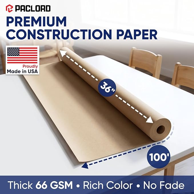 Natural Kraft Brown Construction Paper Roll 36" x 100 ft – Made in USA – 36" Bulletin Board Paper for Classroom & School, Teachers & Kids