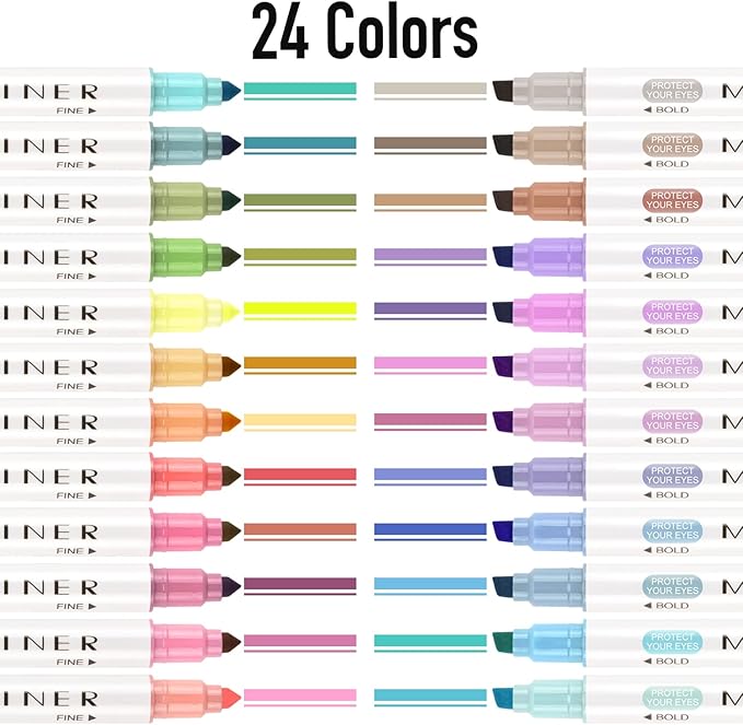 YOOUSOO Highlighters Assorted Colors, 24 Pastel Highlighters, Unique Retro Colors, Quick Dry Dual Tip and Fine Tip No Bleed Highlighter Markers for Bible Journals Planners Books Notes