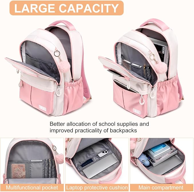 School Backpack for Teen Girls & College Students, Anti-Theft Water Resistant 15.6 Inch Laptop Bookbag with Ergonomic Straps, Multiple Compartments, College High School Bag, Pink