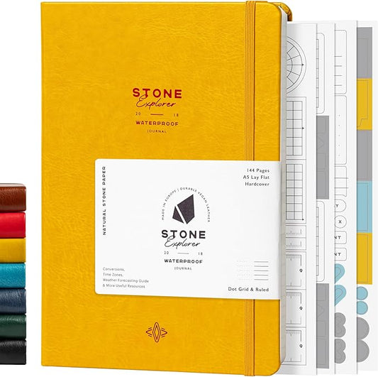 Stone Journal Explorer Notebook – A5 Waterproof Paper Field Journal, Vegan Leather Hardcover, 144 Pages Alternating Ruled & Dot Grid, Back Pocket, Weather-Resistant (Yellow)