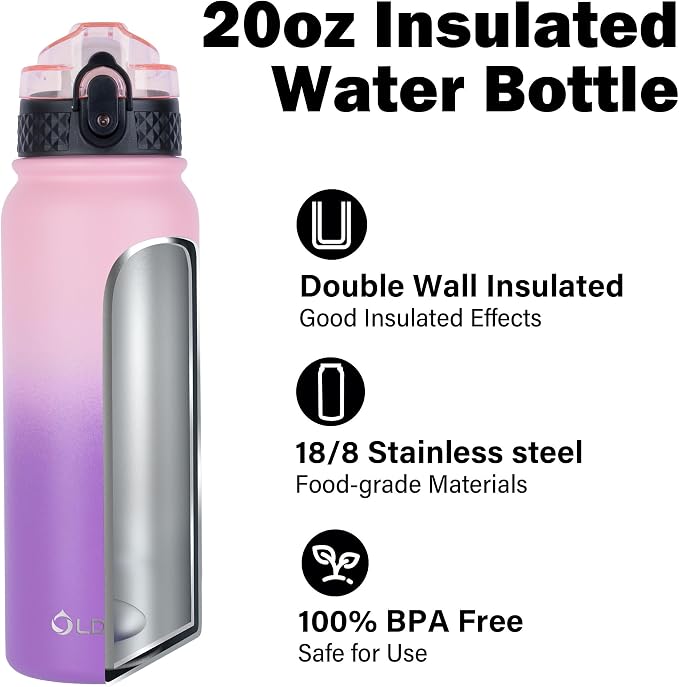 Oldley Insulated Water Bottle 20oz Water Bottles with Straw, Stainless Steel Water Bottle with 3 Lids, Double Wall Vacuum Bottles for Adult Kids, Sports Bottles for School Travel, Ombre Pink-Purple