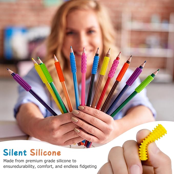 Sequiay 12 Pcs Pencil Grips Handwriting, Textured Silicone Pencil Grip - ADHD Tools, Helps Ease Autism, Anxiety, and Stress (6 Colorful)