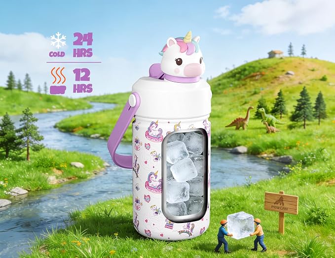 POWCAN 12 oz Kids Water Bottle for School: 2-in-1 Straw Spout Lid with Soft Animal Head, Leakproof, Keep Cold 24H, Backpack Friendly, BPA-Free, Stainless Steel Cup for Sports, Gift (Unicorn Starland)