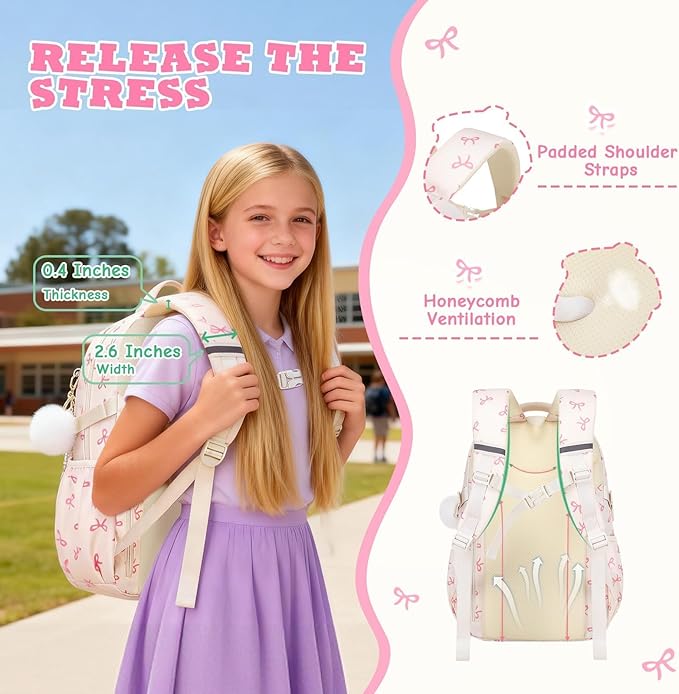 MOONBABY Kids Backpack for Girls, Fits 15.6 Inch Laptop Large Capacity School Bookbag, Girls Backpack with Lovely Pendant, Back to School Bag for Elementary Primary Students Teen Ages 6-12, Beige