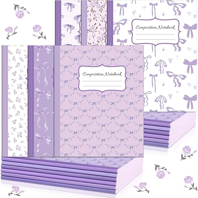 Fullhawl 6 Pack Composition Notebook College Ruled Bulk Purple Bow Composition Notebook Preppy Aesthetic for Back to School Supplies 110 Pages 9-3/4 x 7-1/2" Journal for First Day of School Office