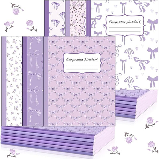 Fullhawl 6 Pack Composition Notebook College Ruled Bulk Purple Bow Composition Notebook Preppy Aesthetic for Back to School Supplies 110 Pages 9-3/4 x 7-1/2" Journal for First Day of School Office