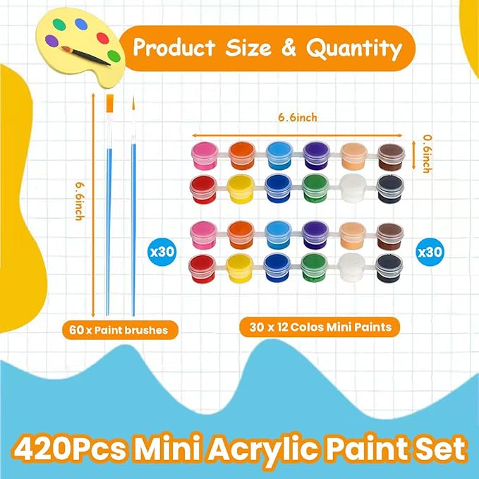 420Pcs Mini Acrylic Paint Set, 30 Pack Washable Paint Strips Kit with 60 Painting Brushes, 12 Colors Bulk for Beginners Adults Painting Craft