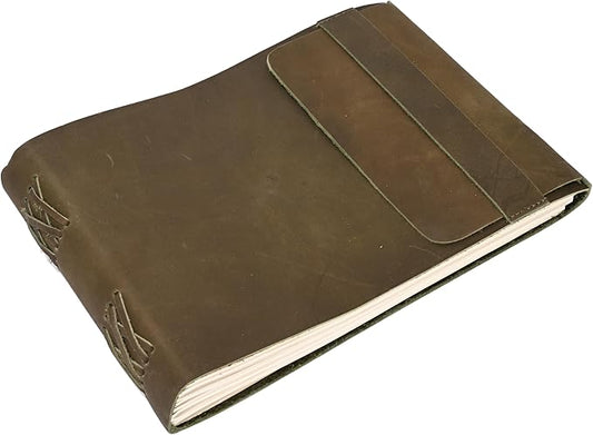 Leather Journal Daily Travel Diary, Handmade Vintage Bound Rustic Notebook, Genuine Buffalo Leather-Premium Quality Lined/Unlined, Brown/Cream,Deckled Edged Paper/Antique key, Art Sketchbook, Brown (7x10 Inches - Cream Unlined Green)