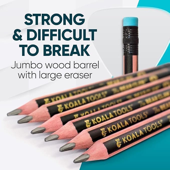 KOALA TOOLS | Bear Claw Pencils 1-Pack (6 Pencils) - Fat, Thick, Triangular Grip, Extra-Dark 6B Graphite Core with Eraser - Suitable for Kids, Art, Drawing, Drafting, Sketching & Shading