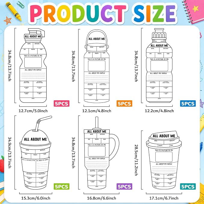 30 Pcs All About MePosters Water Bottle Star Student Poster to Fill in Elementary Kindergarten Classroom Decor Self-Introduction All About Me Posters for Back to SchoolClassroom Supplies