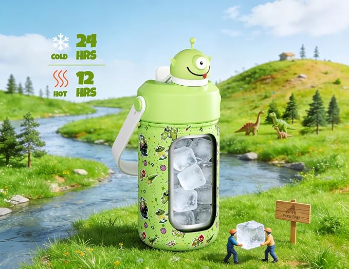 POWCAN 12 oz Insulated Water Bottle for School: 2-in-1 Straw Spout Lid with Soft Animal Head, BPA-Free, Leakproof, Keep Cold 24H, Easy Carry, Stainless Steel Cup for Boys, Girls, Kids (Alien Party)
