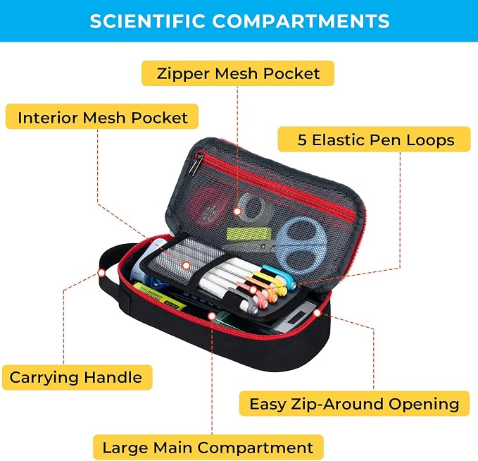 ECHSRT Large Capacity Pencil Case with Hidden Pocket, 1200D Oxford Fabric Zipper Pencil Pouch with Handle, Multi-Pocket Stationery Organizer for Office, College, Travel and Daily Carry, Black