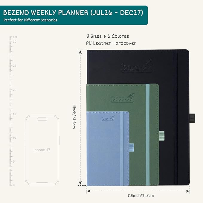 BEZEND Weekly Planner 2026-2027 (8.5" x 11") Horizontal Layout Notebook (Jul 26-Dec 27) 18 Months Academic Calendar & Monthly Tabs, Ideal for Students, Work & Home, PU Leather Hardcover -Gray