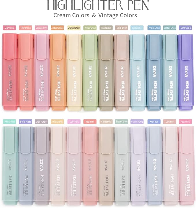 ZEYAR Highlighter Pen, Cream Colors Chisel Tip Markers, Water Based, Quick Dry, No Bleed, for Bible Study Notes School Office (24 Fulls Colors)