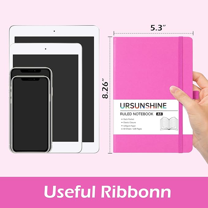 Ruled Notebook/Journal - Classic Lined Journal/Notebook, 5.3'' x 8.26'', Hardcover with Thick Paper, Banded + Pen Holder +Inner Pocket - Raspberry