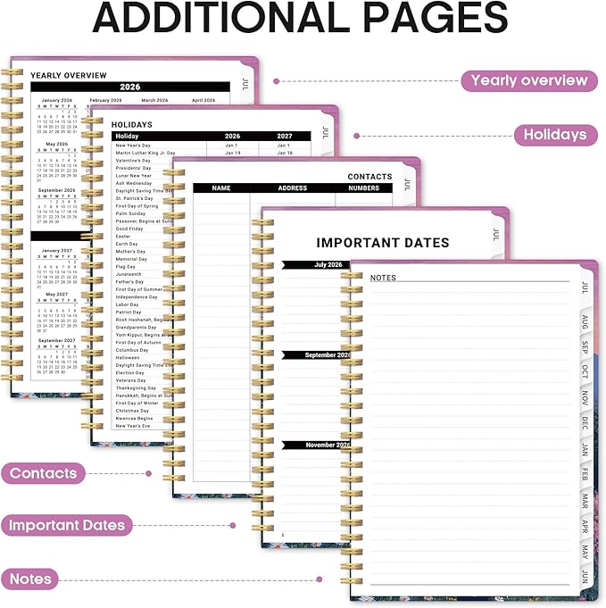 Planner 2026–2027, Academic Monthly Weekly Spiral Calendar, July 2026 – June 2027, Hardcover Agenda Notebook with Tabs, 8.5" x 11", Perfect for Students, Teachers, School & Daily Planning - Twilight Bloom