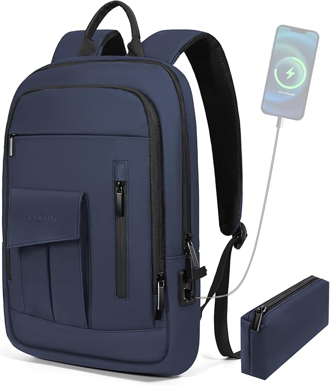 Business Backpack for Men Slim Lightweight Laptop Backpack for 17.3 Inch Computer Water Resistant Small Office Backpack for Commute Travel Daily Office Work with Small Bag (Blue, 17.3")