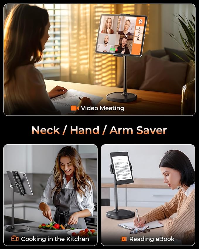 DIMONCOAT Height Adjustable Tablet Stand for Desk, Tablet Holder 360° Rotation: Desktop Tablet Accessories for 4.7-10" Like iPad Pro, Air Mini, Kindle, E-Reader, iPhone 17 Pro Max