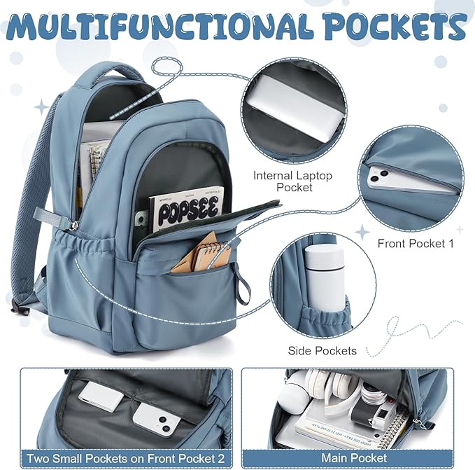winspansy Small Backpack For School Girls Boys Aesthetic Lightweight Travel Daypack Simple Cute Backpack For Women Men College High School Bookbag Fit 14 Inch Laptop, Blue