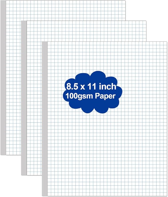 (3-Pack) Graph Paper - A4 Unpunched Grid Paper, 300Sheets / 600Pages Double Sided, 4"x4" Blue Quad Rule, 100gsm White Paper, 8.5'' x 11''