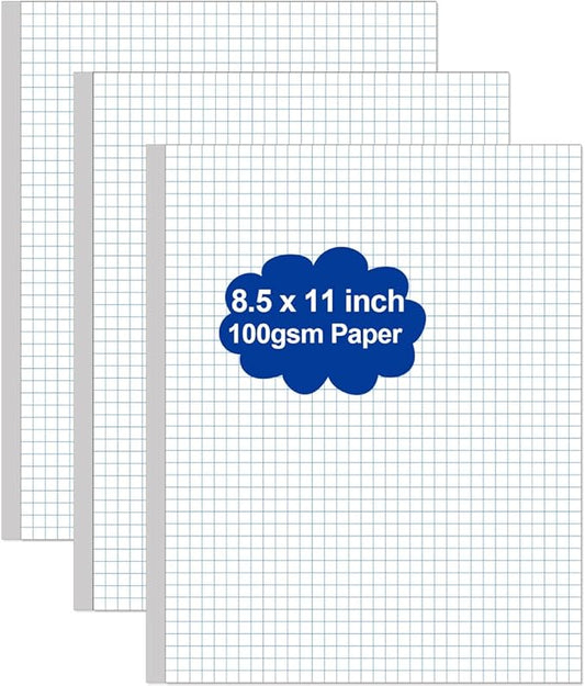 (3-Pack) Graph Paper - A4 Unpunched Grid Paper, 300Sheets / 600Pages Double Sided, 4"x4" Blue Quad Rule, 100gsm White Paper, 8.5'' x 11''