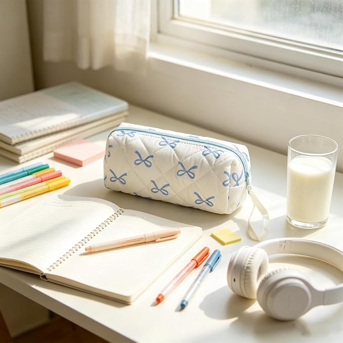 Quilted Bow Pencil Case, Large Capacity Coquette Stationery Bag | Soft Cotton Storage Bag Aesthetic Cosmetic Pouch for Brushes Pencils and Travel Make Up Accessories for Women and Girls