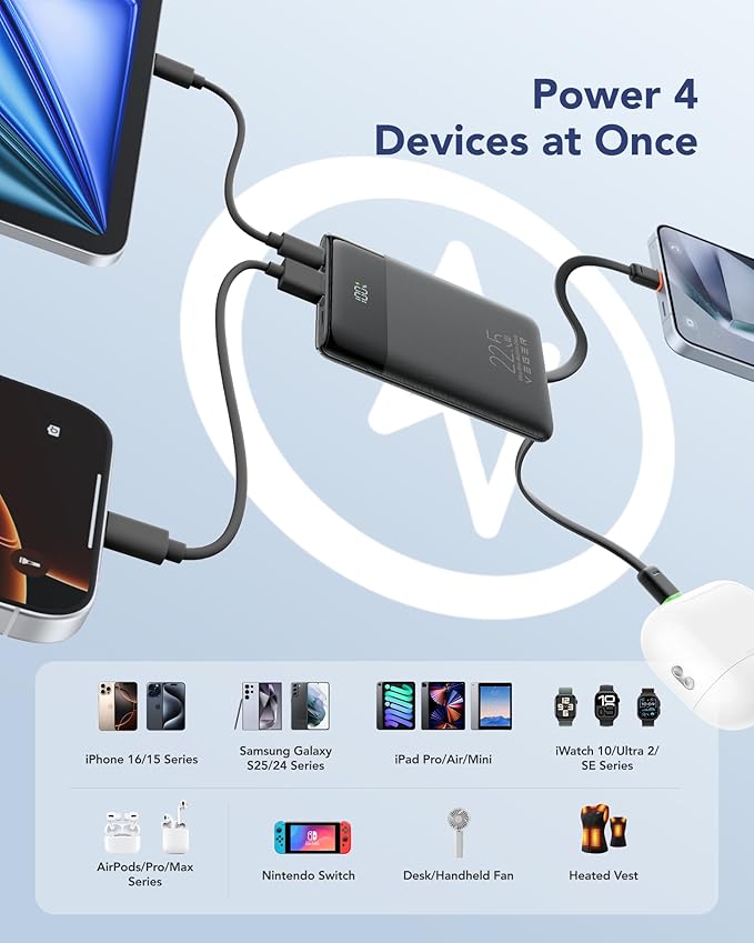 VEGER 22.5W Fast Charging Portable Charger, Slim 10000mAh Power Bank with Built-in Cables, Small USB C Battery Pack for iPhone iPad Samsung Galaxy Pixel LG Moto, Flight Safe, Travel Essential, Black