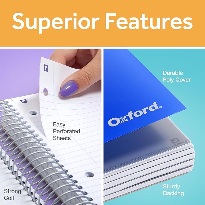 Oxford Spiral Notebook with Free Study App, 5 Subject, College Ruled, Ultra Smooth Paper, No Ink Bleed-Through, Strong Poly Blue Cover, 5 Durable 2 Sided Pockets, 200 Easy Perforated 8.5" x 11" Sheets