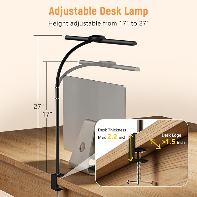 LED Desk Lamp for Home Office, Flexible Gooseneck Desk Lamp with Clamp, 5 Color Touch Control Stepless Dimming Adjustable Eye-Caring Desk Light with Adapter for Reading, Drafting, Study, Workbench