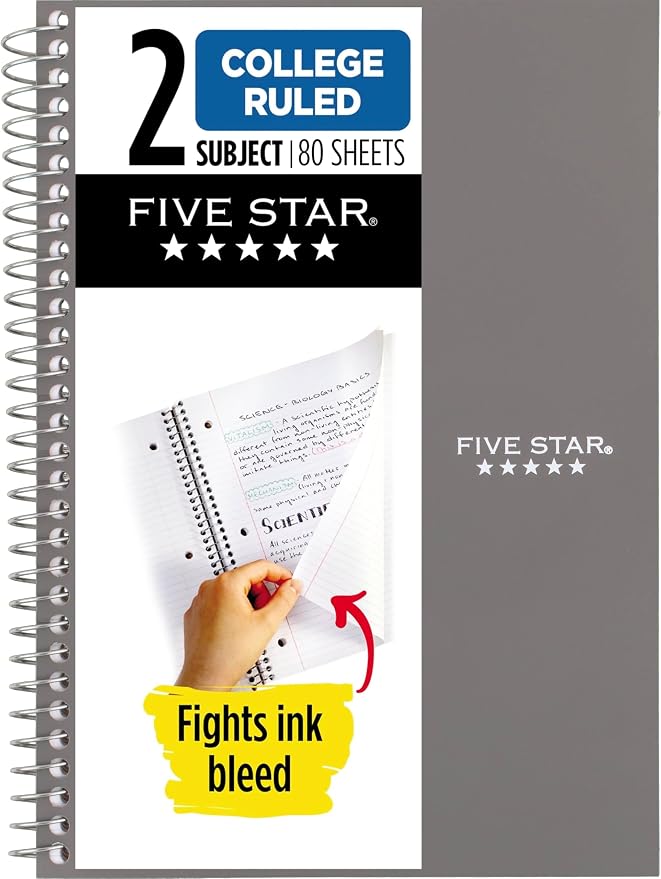 Five Star Spiral Notebook, 2 Subject, College Ruled, 9 1/2" x 6" 80 Sheets, Gray (840029AA3-ECM) (Pack of 12)