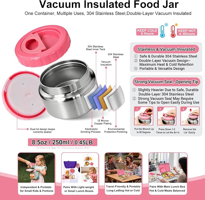 Stainless Steel Bento Lunch Box-8+ Older Kids，Teens ＆ Adult with Insulated Food Jar,Leakproof 3-Compartment,BPA-Free, Eco-Friendly,Dishwasher Safe, Large-Capacity Box, School,Office,Travel （Pink)