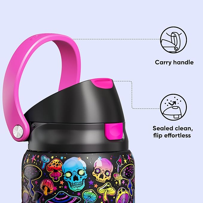 Encool SwiftSip Insulated Stainless Steel Water Bottle with Straw - Leak Proof Sports Water Bottle for School, Travel, Keeps Cold All Day, One-Touch Flip Lid, BPA-Free, 32 oz, Trippy Skulls