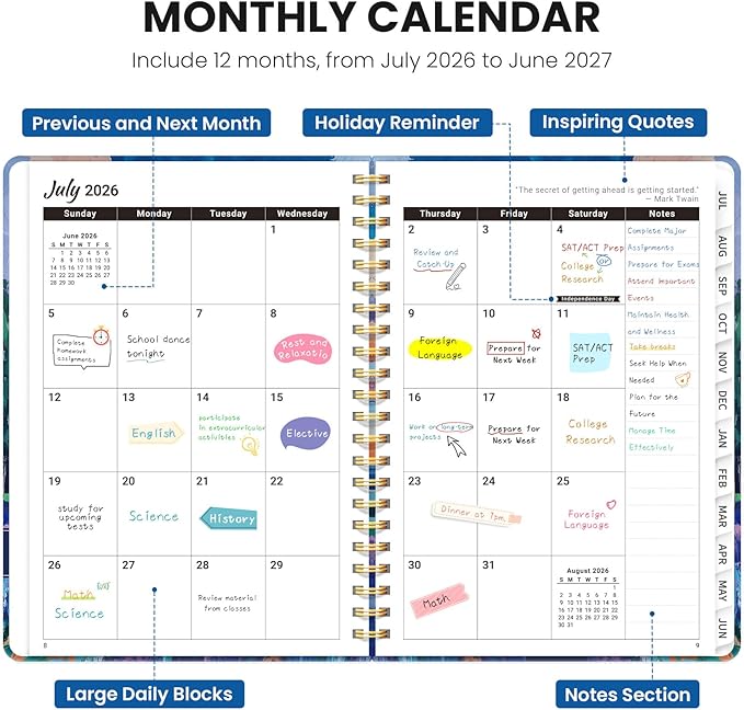 Planner 2026-2027, Hardcover Monthly and Weekly Academic Planner July 2026 - June 2027, Teacher and Student Calendar Agenda Book with Tabs, A5 (6.3" x 8.5"), Ideal for School and Office, Lavender Glow