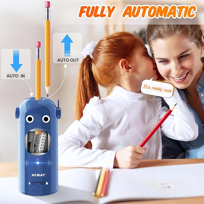 AFMAT Electric Pencil Sharpener for Colored Pencils 7-11.5mm, Fully Automatic Robot Pencil Sharpener, Auto in & Out, Rechargeable Hands-Free for Classroom/Home/Office, Battery Operated, PSX5RB, Blue
