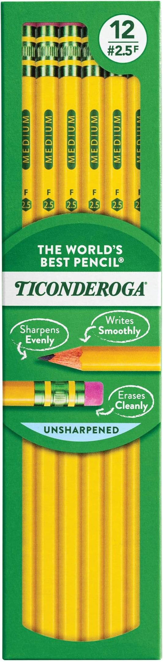Ticonderoga Wood-Cased Pencils, Unsharpened, #2.5 F Medium, Yellow, 12 Count