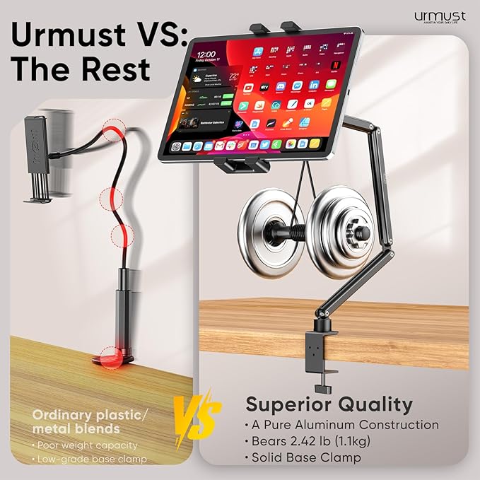 Urmust Portable Monitor Stand 15.6", iPad Stand for Desk, Portable Monitor Holder up to 18.5" Holds, Adjustable Desktop Tablet Arm Mount, Apple iPad Holder for Bed, for 4.7"-12.9" i Pad Pro/Air/Mini